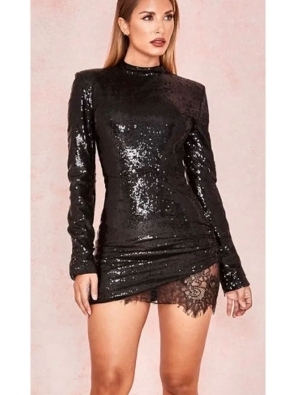 House Of Cb London Phoebe Black Sequin Shift Dress Long Sleeve Women's Size XS